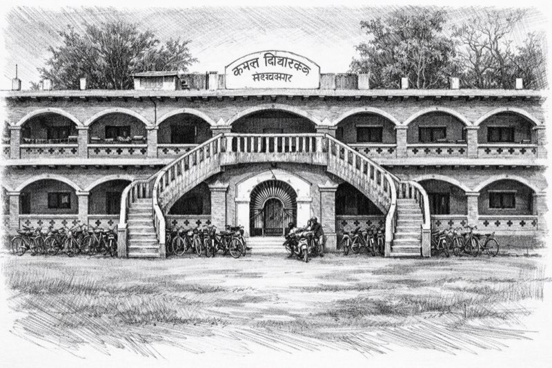 Sketch of Adarsh School building in Biratnagar with bicycles parked outside