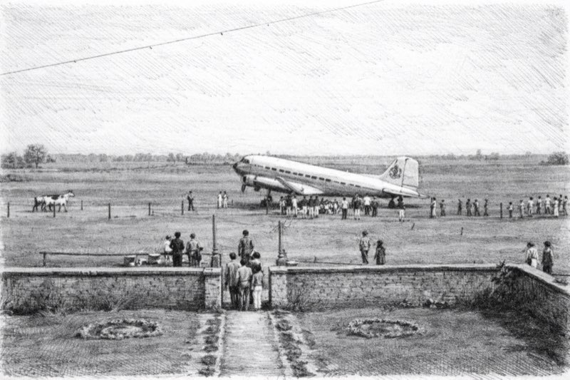 Douglas DC-3 Dakota aircraft at Biratnagar Airport in 1958