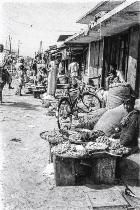 Sketch of Gograha Bazaar market scene with vendors and traders