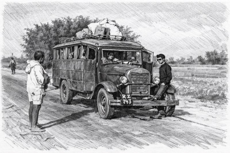 Vintage bus on early Koshi Highway road in eastern Nepal