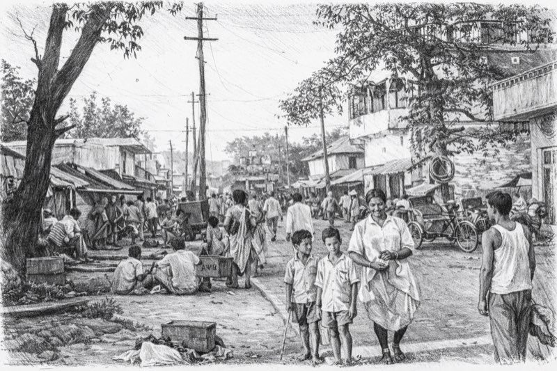 Street scene in Biratnagar during the 1940s era