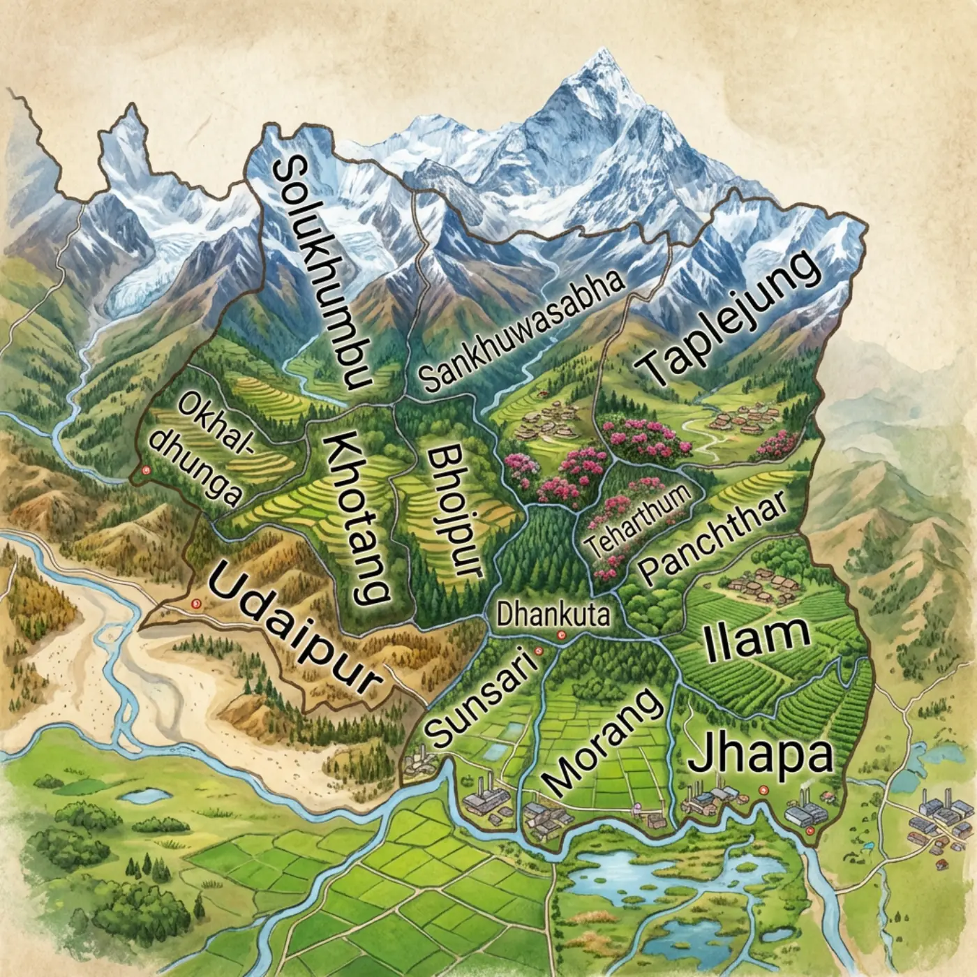 Illustrated topographic map of Koshi Province — 14 districts from the snow-capped Himalayas to the Terai plains